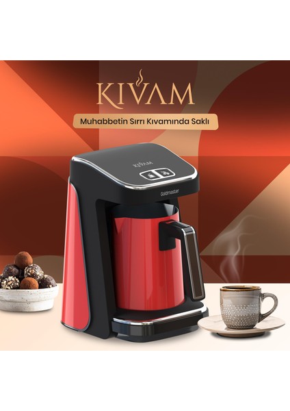 : Goldmaster Prokıvam Kırmızı Geniş Hazne Çelik Cezveli Akıllı Yerleştirmeli Türk Kahve Makinesi GM9900K