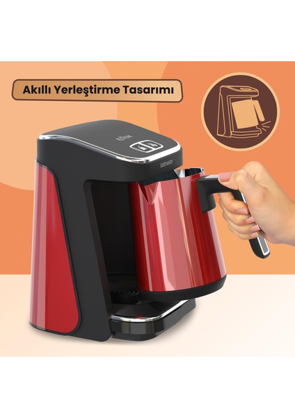 : Goldmaster Prokıvam Kırmızı Geniş Hazne Çelik Cezveli Akıllı Yerleştirmeli Türk Kahve Makinesi GM9900K