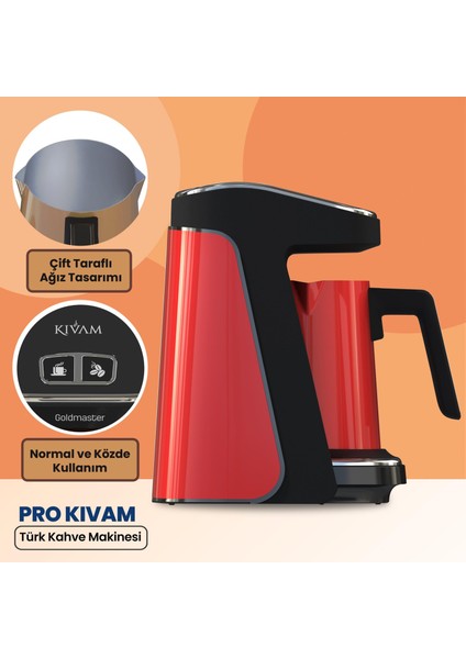 : Goldmaster Prokıvam Kırmızı Geniş Hazne Çelik Cezveli Akıllı Yerleştirmeli Türk Kahve Makinesi GM9900K
