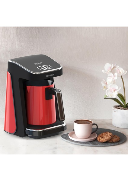 : Goldmaster Prokıvam Kırmızı Geniş Hazne Çelik Cezveli Akıllı Yerleştirmeli Türk Kahve Makinesi GM9900K