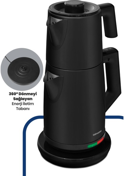 Akasya Siyah XL 2200 Watt Patentli Damlatmayan Tasarımı Paslanmaz Çelik Çay Makinesi ve Su Isıtıcısı