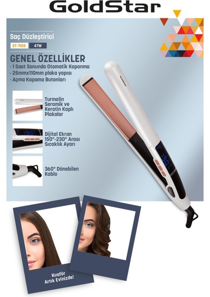 ST7105 Dijital Turmalin Keratin Seramik Ince Plakalı Saç Düzleştirici