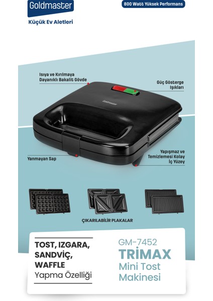 Trimax 4’ü Bir Arada Çıkarılabilir Tost ,ızgara ,waffle ,sandviç Makinesi GM-7452