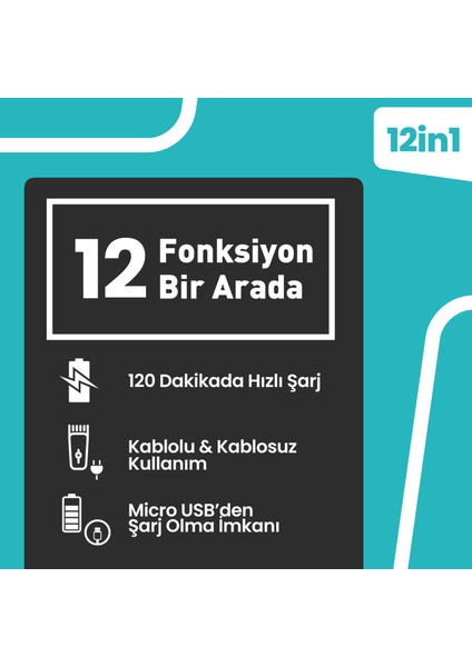 Enerjik Kablolu Kablosuz Hızlı Şarj Paslanmaz Çelik Standlı 12 In 1 Erkek Bakım Seti GM-9112