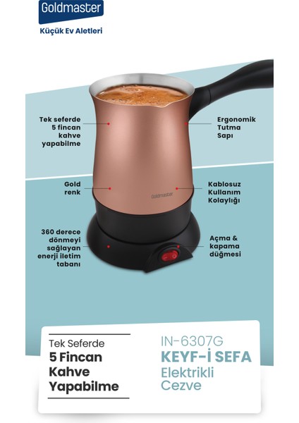 Keyf-I Sefa Gold 5 Fincan Kapasiteli Paslanmaz Çelik Elektrikli Cezve IN-6307G fırsatları