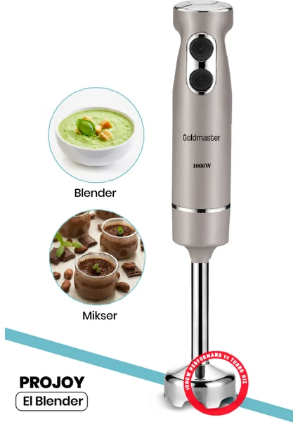 Projoy 4 Bıçaklı Sessiz 2 Kademeli Paslanmaz Çelik 1000W El Blender BY-5214R