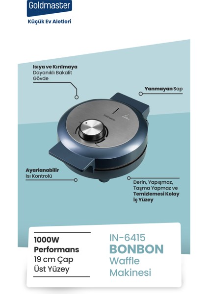 Bonbon 1000W Taşmayı Önleyen Derin Plakalı Isı Korumalı Waffle Makinesi Ege Mavisi