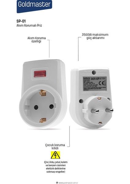 GoldMaster Çocuk Korumalı Anahtarlı Akım Korumalı Tekli Priz Beyaz