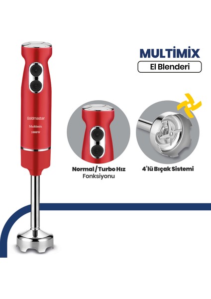 Multimix Kırmızı 1000 Watt 4 Bıçaklı Paslanmaz Çelik Turbo Hız Ayarlı El Blender BY5212K