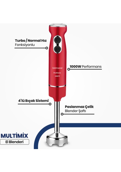 Multimix Kırmızı 1000 Watt 4 Bıçaklı Paslanmaz Çelik Turbo Hız Ayarlı El Blender BY5212K fiyatları