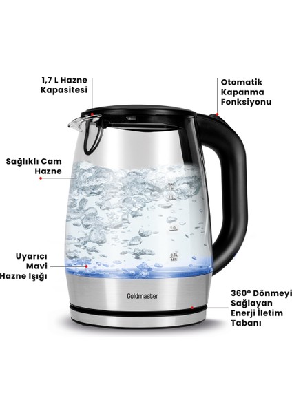Aquarıne 1.7 Lt Işıklı Cam Kettle Su Isıtıcı IN-6342 fiyatları