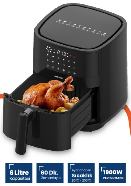 Smartfry Dijital Dokunmatik 10 Ön Ayarlı 6 Litre Airfryer Yağsız Kızartma Sıcak Hava Fritöz