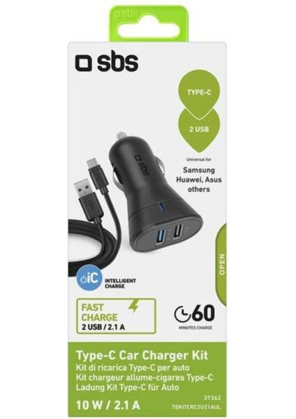 Araç Şarj Cihazı 12/24V 2100 mAh 2 Usb Çıkışı Type C Kablo Siyah TEKITCRC2U21AUL