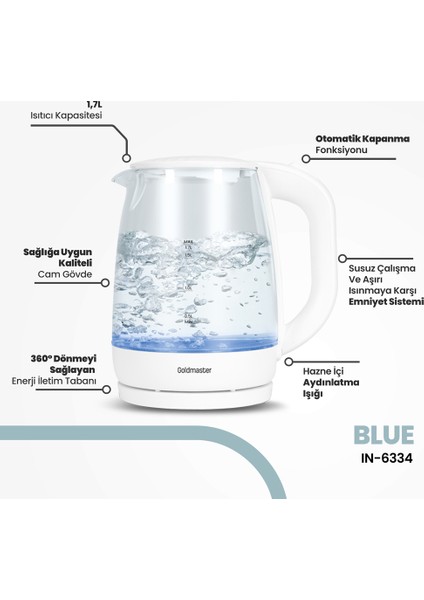 Blue 1.7 Lt Işıklı Cam Kettle Su Isıtıcı Beyaz In 6334 fırsatları