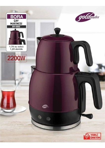 Bora 2200W Damlatmaz Tasarım 25 Bardak Kapasiteli Çelik Çay Makinesi ve Su Isıtıcısı Mor