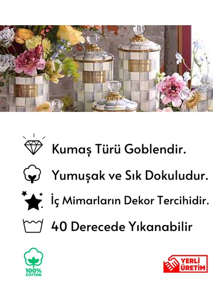 Lilies Atelier Mackenzie Model Keten Damalı Püsküllü Gri Keten Runner ve Gri Ortanca Mutfak Havlusu Takım Luxury