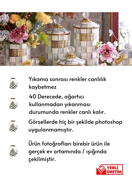 Lilies Atelier Mackenzie Model Keten Damalı Püsküllü Gri Keten Runner ve Gri Ortanca Mutfak Havlusu Takım Luxury