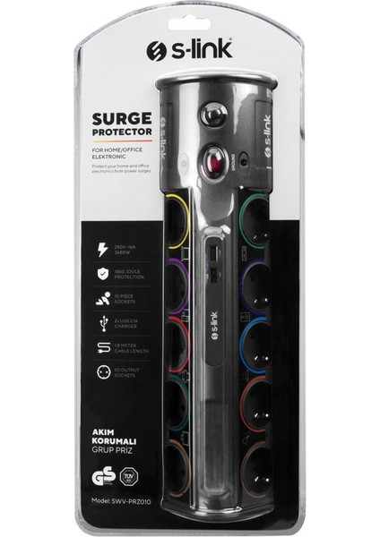 Swapp SWV-PRZ010 1.8m 1860 Joule 1.5mm 2 USB Port 2.1A/5V 16A 250V 3680W 10LU Akım Kor.priz indirimleri