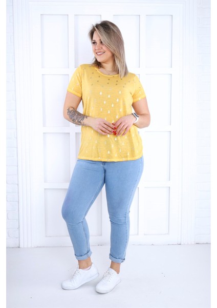 Ananas Baskı Yağ Yıkama Tshirt-Sarı