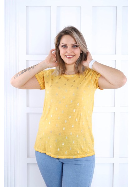 Ananas Baskı Yağ Yıkama Tshirt-Sarı modelleri