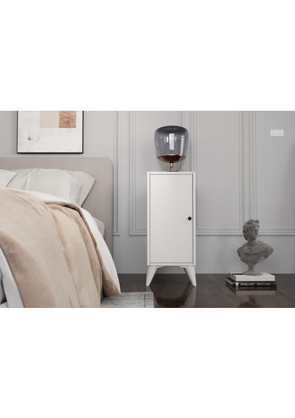 Raflı Kapaklı Ayaklı Beyaz Komodin Çıtasız KMD-1063-Ç