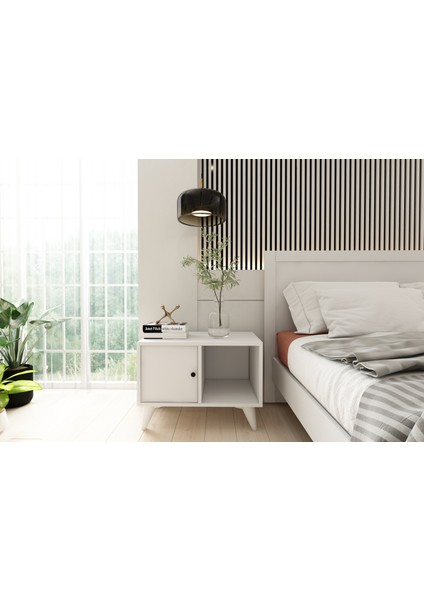 Raflı Kapaklı Ayaklı Beyaz Komodin Çıtasız KMD-1069-Ç