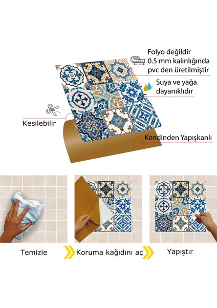 Kendinden Yapışkanlı Etnik Karo Desenli Pvc Karo 30x30 cm 11 Adet 1m2