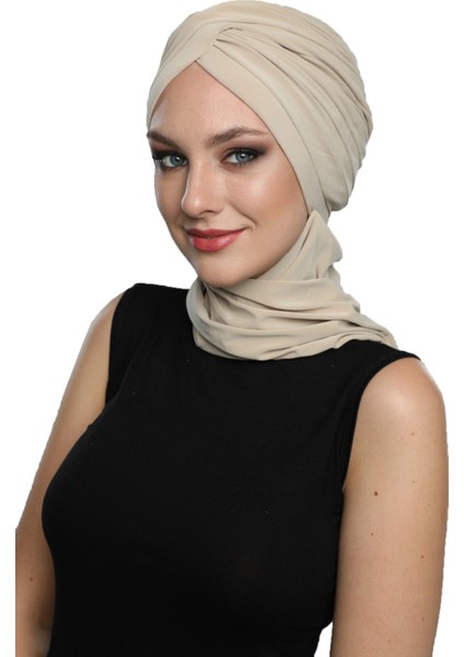Çapraz W Atkılı Bej Hazır Türban Tesettür Bone