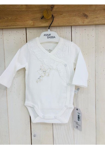 Kelebek Desenli Dantelli Uzun Kol Önden Çıtçıtlı Bebek Zıbın Badi