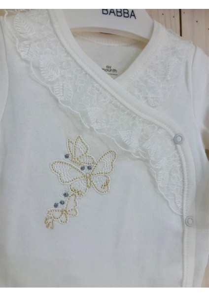 Kelebek Desenli Dantelli Uzun Kol Önden Çıtçıtlı Bebek Zıbın Badi fiyatları