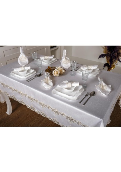 Melek Güpürlü Bambu Kumaş Krem Sofra Tk. 8 Kşl. 160X230 17 Prç. - 1269