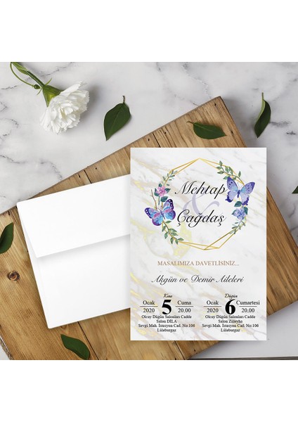 Beyaz Zarflı Davetiye Düğün - Nişan - Kına - Nikah (100 Adet)