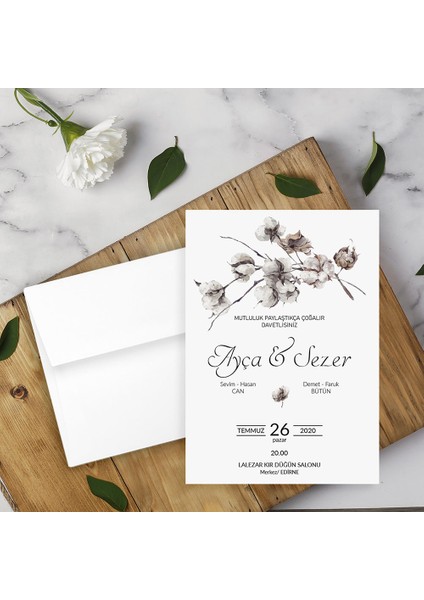 Beyaz Zarflı Davetiye Düğün - Nişan - Kına - Nikah (100 Adet)