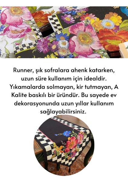 Mackenzie Model Damalı Pembe Çiçek Desen 45 x 130 Keten Luxury Runner Dekor Softa Mutfak Takım