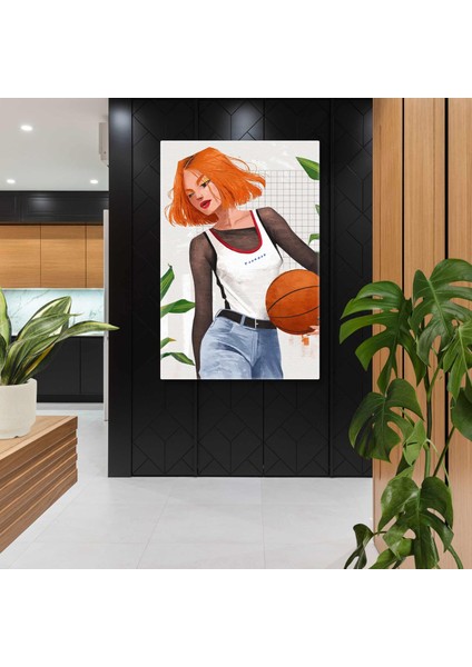 Basketbol Oynayan Turuncu Saçlı Güzel Kız Boho Kanvas Tablo