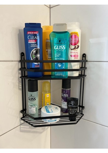Iki Katlı Siyah Banyo Köşe Rafı