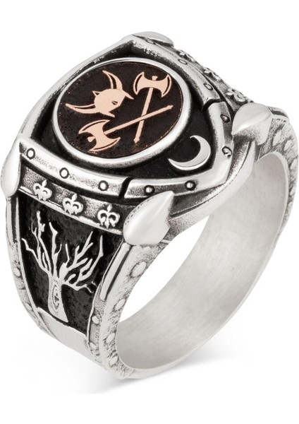 Zırh Model Hayat Ağacı Miğfer ve Balta Motifli Gümüş Erkek Viking Yüzüğü fiyatları