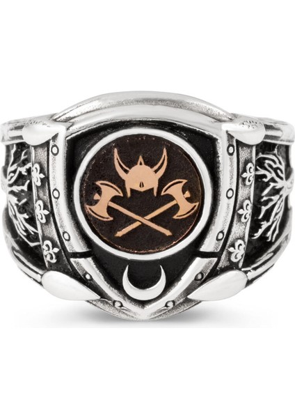 Zırh Model Hayat Ağacı Miğfer ve Balta Motifli Gümüş Erkek Viking Yüzüğü modelleri