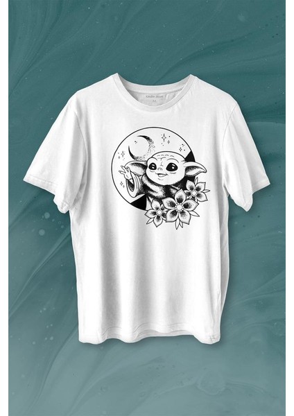Baby Yoda Star Wars Mandalorian Ay Hilal Silüeti Baskılı Tişört T-Shirt