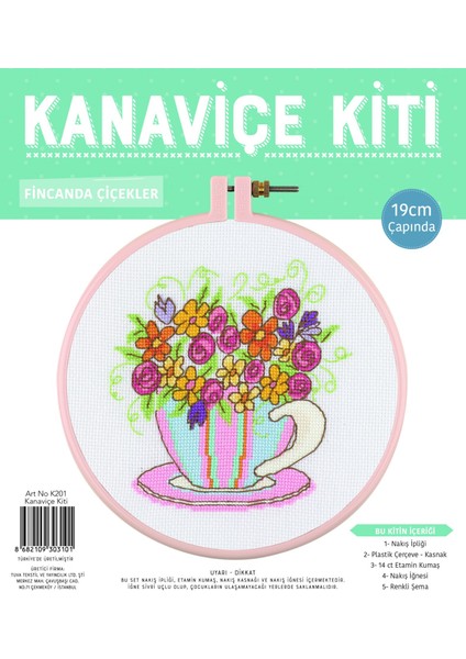 Kanaviçe Etamin Kiti, Kasnaklı 19 cm Fincanda Çiçekler