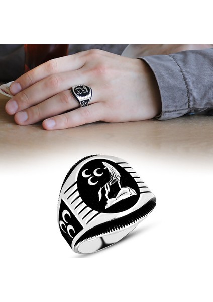 Üç Hilal Işlemeli Bozkurt Motifli 925 Ayar Gümüş Erkek Yüzük