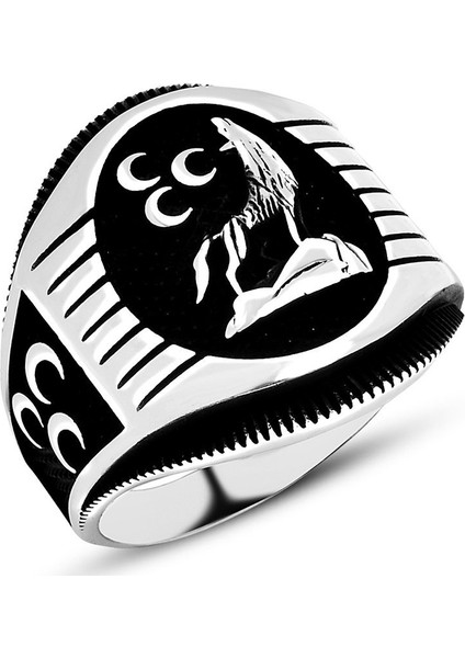 Üç Hilal Işlemeli Bozkurt Motifli 925 Ayar Gümüş Erkek Yüzük fiyatları