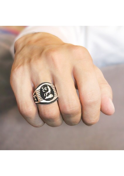 Üç Hilal Işlemeli Bozkurt Motifli 925 Ayar Gümüş Erkek Yüzük fırsatları