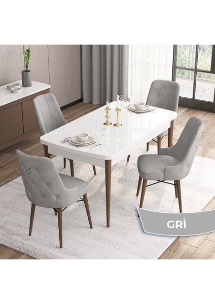 Concept Are Serisi, Mdf 80X132 Açılabilir Beyaz Masa Ceviz Ayak Mutfak Masası Takımı, 4 Sandalye Gümüş Halkalı