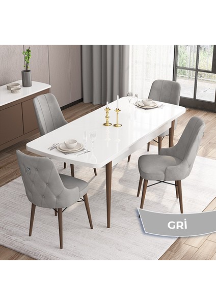 Concept Are Serisi, Mdf 80X132 Açılabilir Beyaz Masa Ceviz Ayak Mutfak Masası Takımı, 4 Sandalye Gümüş Halkalı fiyatları