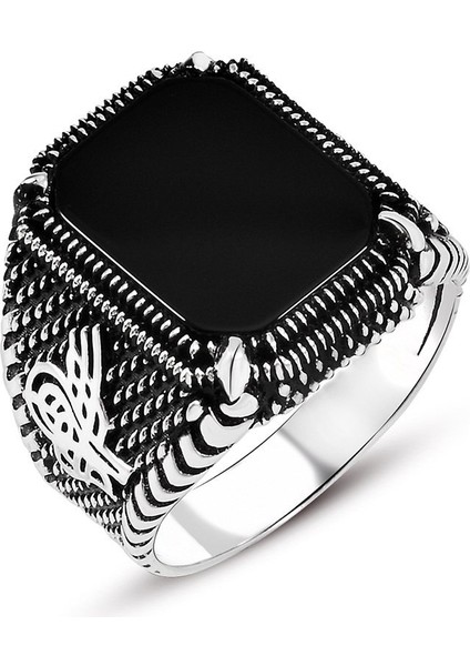 Nokta Işlemeli Tuğra Motifli Siyah Oniks Taşlı 925 Ayar Gümüş Erkek Yüzük fiyatları