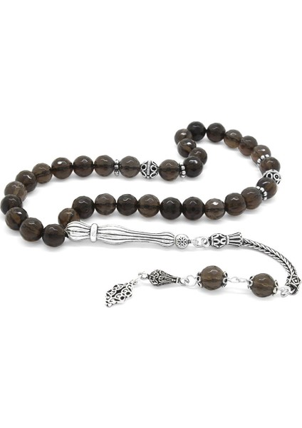 925 Ayar Gümüş Püsküllü Fasetalı Küre Kesim Kuvars Doğal Taş Tesbih