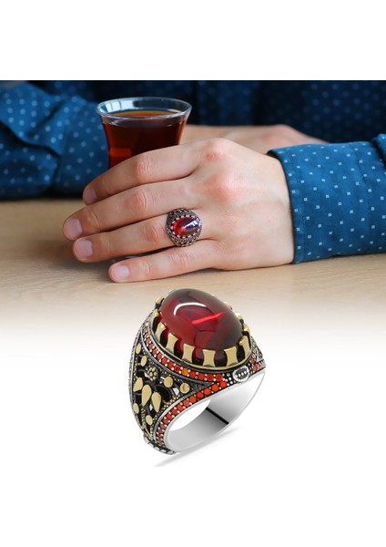 Kırmızı Zirkon Taşlı Oval Tasarım 925 Ayar Gümüş Erkek Yüzük