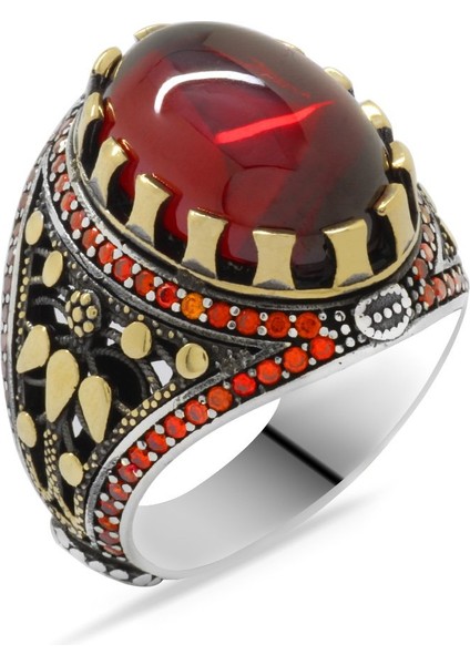 Kırmızı Zirkon Taşlı Oval Tasarım 925 Ayar Gümüş Erkek Yüzük modelleri