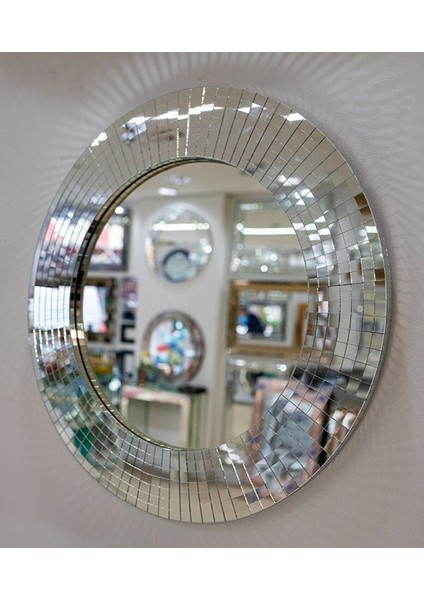 Yuvarlak Dekoratif Ayna Banyo Aynası Duvar Aynası Mozaik Ayna 52 cm - Beyaz